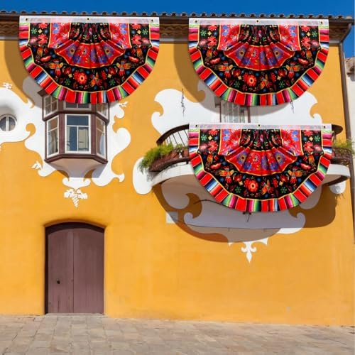Outus 3 Pcs Mexican Fiesta Party Decoration 1.5 x 3 ft Mexican Pleated Bunting Fan Flag Cinco De Mayo Folk Art Half Fan Flag Hanging Banners for Carnivals Taco Birthday Party Favors