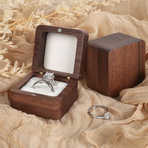 Wooden Ring Box, Engagement Ring Box with 2 Slots, Square Wedding Ring Holder Box, Small Ring Holder Box for Wedding, Proposal, Ceremony(White Inner without window)