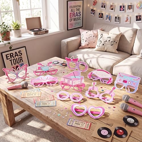 36 Pcs Music Era Themed Party Decorations Eyeglasses Era Themed Pastel Paper Glasses Concert Birthday Decor Music Lover Photo Booth Props Frame for Woman Birthday Party Decor Supplies Gift
