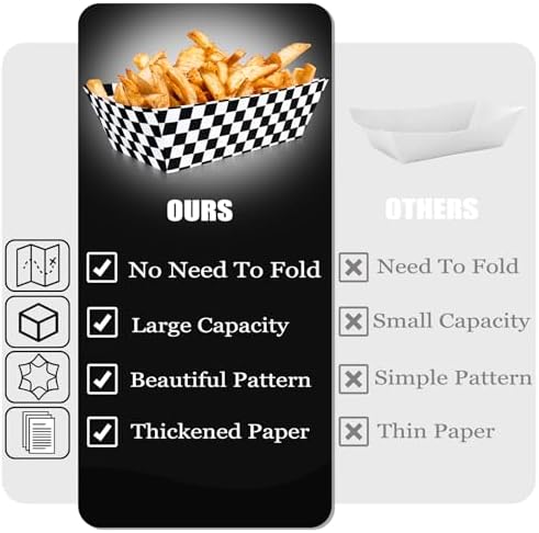 100 Pcs Black and White Checkered Paper Food Trays, Pre-Folded Classic Disposable Food Boats for Hot Dogs, Fries, Nachos, Snacks, Carnival, Picnic, Sports Events, BBQ, Party Supplies