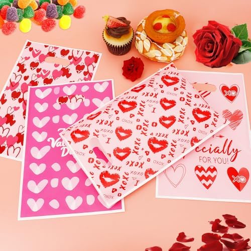 Valentines Treat Bags, 100PCS Valentines Gift Bags with Handles, 7x10 Inch Plastic Happy Valentine's Day Goodie Cookie Candy Bag for Valentine's Day Wedding Anniversary Engagement Party Favor Supplies