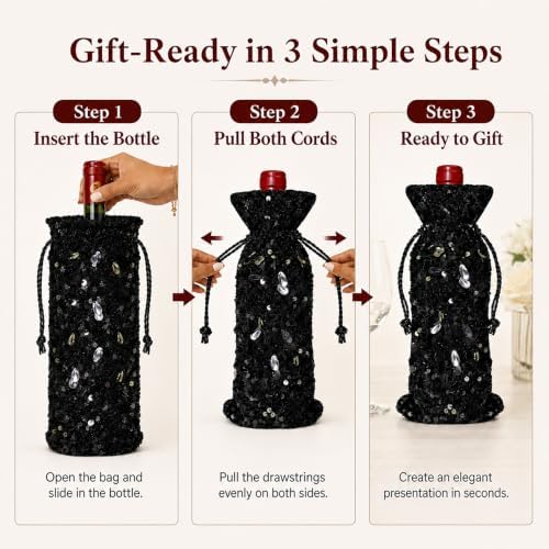 Blingxy 2-Pack Black Sequin Wine Gift Bags with Drawstring