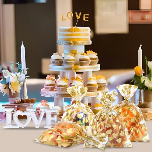 COQOFA 50 Pcs 9X12 IN Gold Heart Cello Cellophane Treat Bags - Clear Candy Cookie Bags with Twist Ties for Baby Shower, Valentine, Wedding, Birthday
