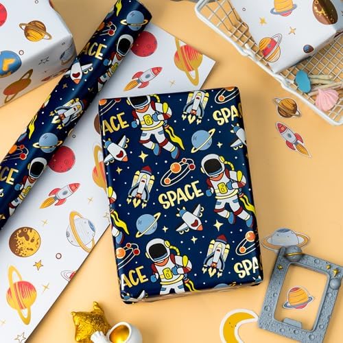 Yarcony Space Wrapping Paper Roll, Birthday Wrapping Paper for Boys, Navy Blue Astronaut Gift Wrap for Kids Birthday Outer Space Party Decor RocketShip Wrap Galaxy Planets Stars (30 Inch X 33 Feet)