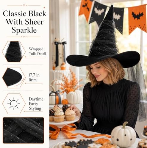 Women's Witch Hat with Shapeable Wide Brim and Adjustable Drawstring