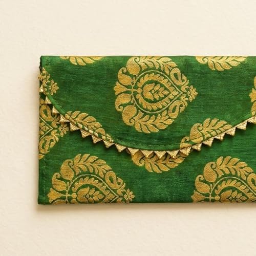 LoveNspire Brocade Fabric Money Envelopes (8 x 4 Inch) Decorative Floral Pattern Shagun Lifafa for Indian Wedding, Birthday | Cash Gift Holder & Home Savings Organizer Yellow/Pack of 5