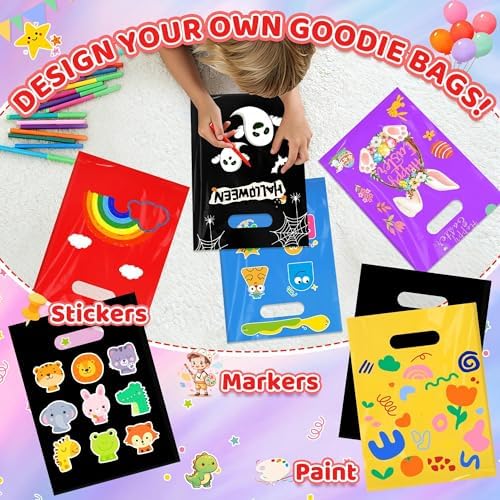 VieFantaisie 50 PCS Black Party Favor Bags, 8" x 11" Goodie Bags for Candy Treat Craft Easter Egg, Plastic Gift Bag with Die Cut Handles for Birthday Party, School Events & Small Business, Wedding