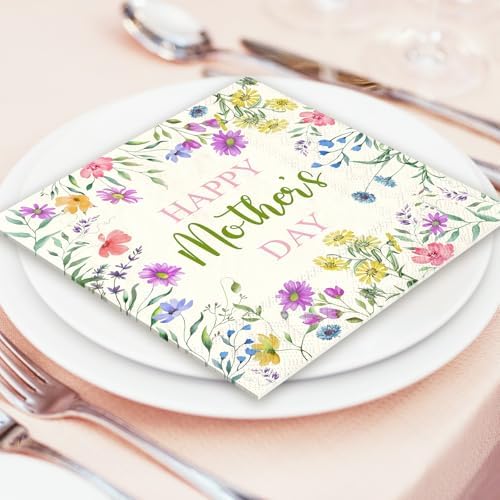 JarThenaAMCS 50Pcs Happy Mother's Day Napkins Paper Disposable Napkins Watercolor Wildflower Luncheon Dinner Napkin for Spring Birthday Mother's Day Supplies