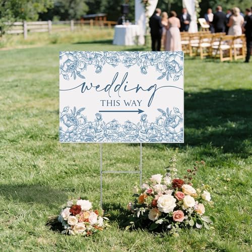 8 Pcs 17 × 8.5" Wedding This Way Directional Parking Signs Road with Stakes Large Double Sided Direction Printed Ceremony Reception Lawn Yard Arrow Sign Exquisite Plastic Rainproof (Blue Flower)