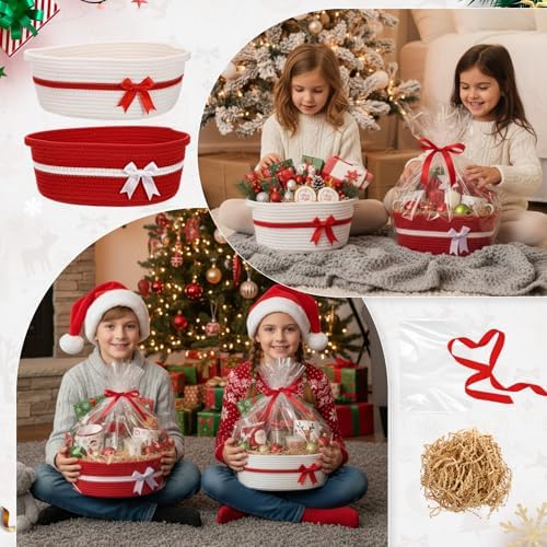 Colingmill 2 Pack Small Woven Gift Basket Empty with Wrap, Red and White