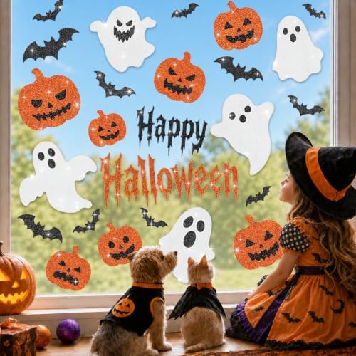 Glitter Halloween Window Clings Decor, Cute Ghost Pumpkin Stickers Decals