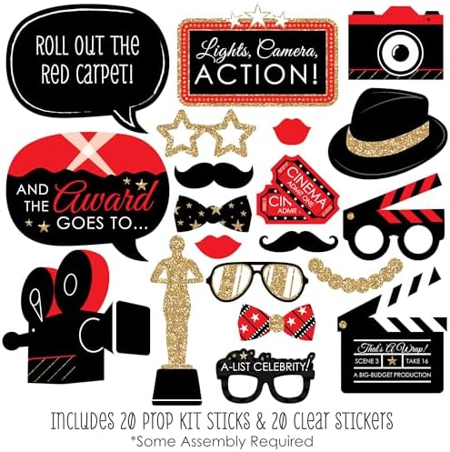 Red Carpet - Movie Night Photo Booth Prop Kit, DIY Cardstock Props - 20pc