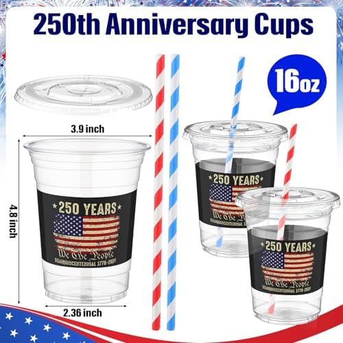 FillTouch 50 Pcs 250th 4th of July Cups USA Anniversary Party Supplies America Patriotic Red White Blue 250 Fourth of July Disposable Cups for Independence Day Items US Memorial Party Decoration