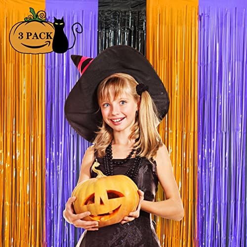 LOLStar Halloween Orange Purple Black Foil Fringe Curtains 3 Pack