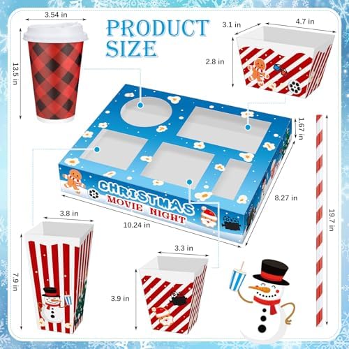 Bokon 172 Pcs/ 24 Sets of Christmas Movie Night Snack Trays 3 Sizes Snack Boxes, 16 oz Disposable Drinks Cups, 50 Straws, Complimentary Sealing Stickers for Cinema Party Decoration Family Gatherings