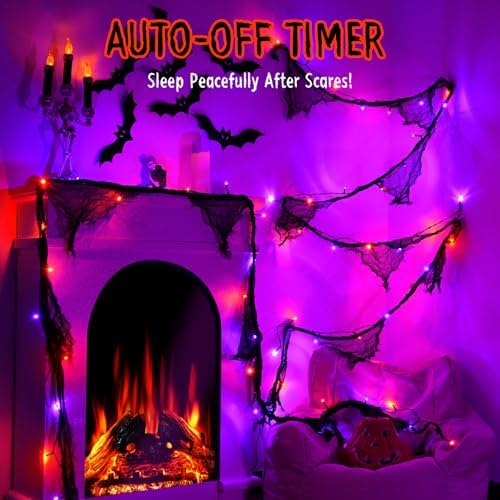 cshare Halloween Lights Battery Operated or USB, Creepy Cloth String Lights with Timer Waterproof 9.8ft 30LED Orange and Purple String Lights Halloween Decortions for Fireplace Window Door Mirror