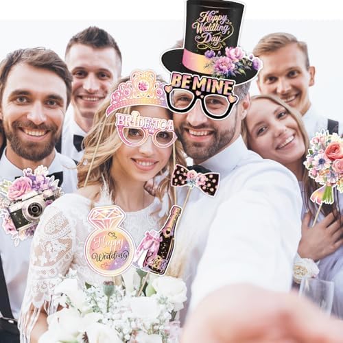 Wedding Photo Booth Props Kit, 30Pcs Romantic Watercolor Floral Handheld Cutouts, Funny Selfie Signs for Bridal Shower, Bachelorette, Engagement, Valentine's Day (Pink)