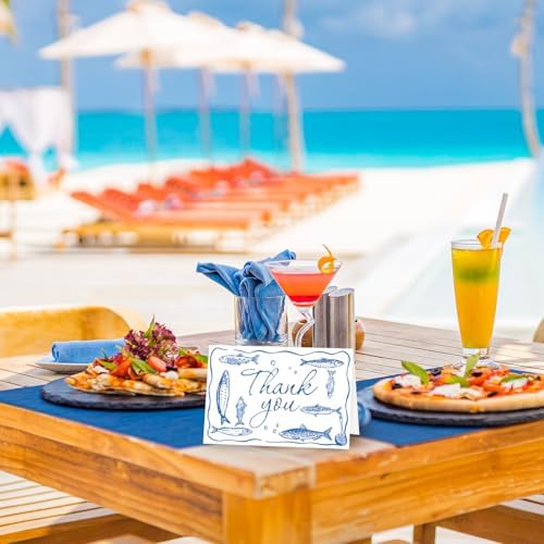 Whaline 24 Pack Sardine Thank You Cards Blue Fish Market Greeting Card with Envelope Sticker Blank Note Card for Summer Coastal Theme Birthday Baby Shower Dinner Party