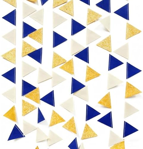 Blue Gold Beige Party Decoration Royal Gold Glitter Felt Hanging Triangle Mini Bunting Pennant Banner Flag for Birthday Wedding Shower Graduation Nautical Ahoy Achor Party Decor Supplies