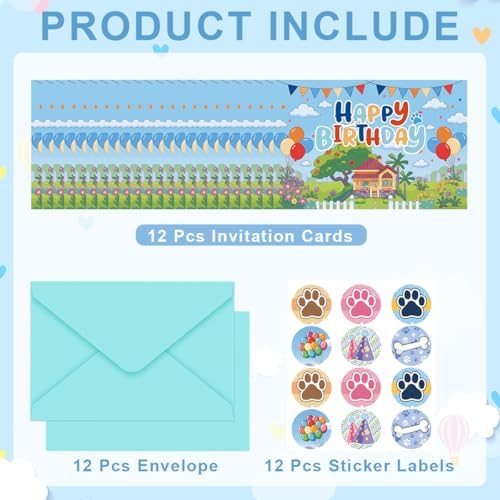 12Pcs Cute Cartoon Dog Birthday Invitations Set with Envelopes & Stickers, Puppy Paw Theme Invitation Cards for Birthday Decorations Party favors Supplies