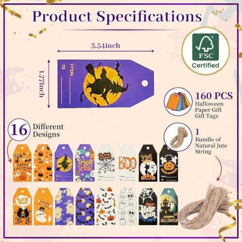 SallyFashion 160 Halloween Tags with String, 16 Styles