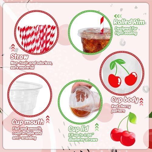 Whaline 50 Pcs 12 Oz Cherry Disposable Plastic Cups with Lids and Straws Cute Red Cherry Cold Beverage Drinking Cups Summer Cherries Party Cup for Bridal Engagement Birthday Baby Shower Party Supplies
