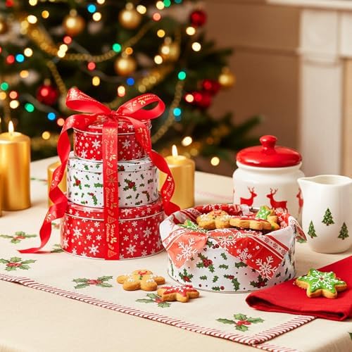 Yaomia 3 Pack Christmas Cookie Tins with Lid Vintage Metal Cookie Tins