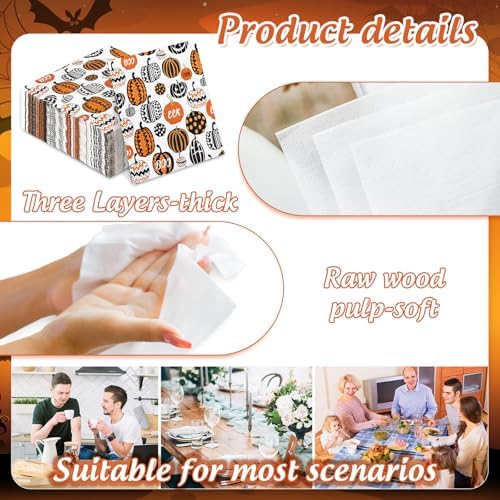 JarThenaAMCS 50Pcs Halloween Paper Napkins Orange Black Pumpkin Disposable Luncheon Napkin Creepy Dessert Dinner Hand Napkin for Trick or Treat