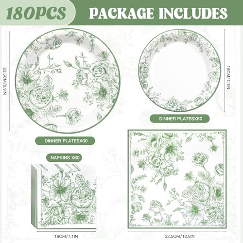 Sage Green Floral Plates and Napkins Party Supplies,Serve 60 Guests