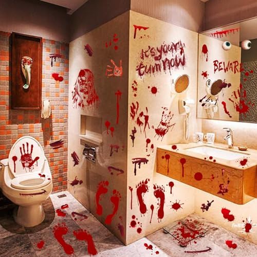 Halloween Window Cling Stickers, 9 Sheets Halloween Bloody Handprint Footprint Wall Decal Floor Clings, Horror Handprint Home PVC Decoration Window Stickers