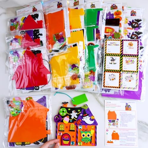 Winlyn 24 Sets Halloween Crafts Kits DIY Halloween House Ornaments Decorations Art Sets Monster Ghost Bat Foam Stickers Fall Arts and Crafts for Kids Classroom Activities Trick-or-Treat Party Favors