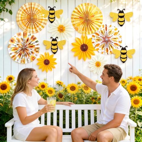 SUNBEAUTY Sunflower Party Decorations Sunflower Birthday Paper Fan Decorations with Bees Yellow White Sun Flower Wall Hanging for Baby Shower Summer Garden Party Classroom Bulletin Board Decoration