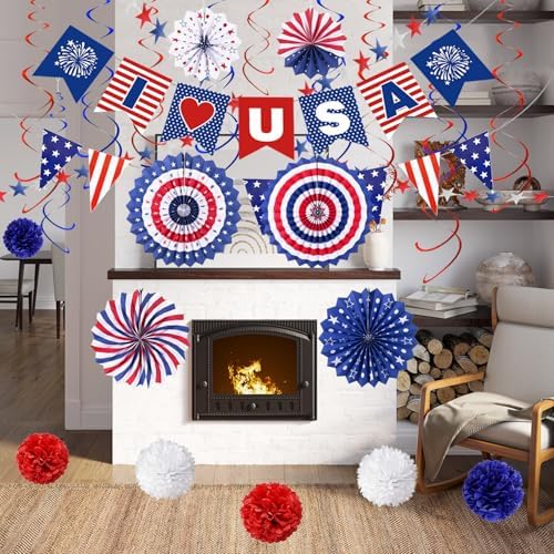 4th of July Patriotic Decorations Set Paper Fans Pom Poms Hanging Swirls USA & Pennant Banners Star Streamer Red White Blue Independence Memorial Day Veterans Day Party Decor Supplies