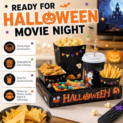 Bokon 172 Pcs/ 24 Sets of Halloween Movie Night Snack Trays Trick or Treat Summer Halloween 3 Sizes Snack Popcorn Boxes, 16 oz Disposable Drinks Cups, 50 Straws, Sealing Stickers for Party Decoration