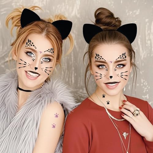 Halloween Cat Ears Headband and Face Jewels Set for Adult Women Accessories