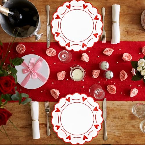 JarThenaAMCS 50 Pcs Valentine's Day Heart Paper Plates Scalloped Disposable Plate Red Decorative Tableware Gift for Home Wedding Anniversary Birthday Party Kitchen Decor, 9 In