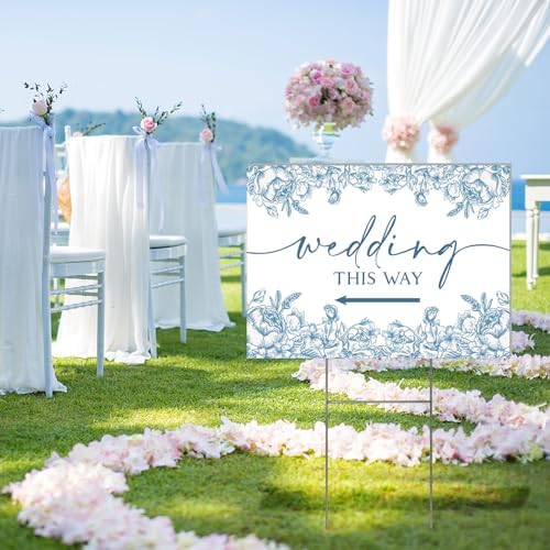 3 Pack 17''×12.5'' Wedding This Way Signs Double Sided Printed Wedding Directional Parking Sign with Stakes for Ceremony Reception Lawn Yard Arrow Signs Plastic Rainproof Party Supplies,Blue Floral