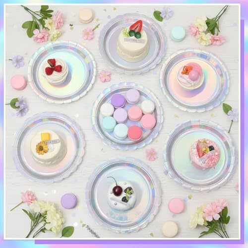 NatNarr 30 Pack Iridescent Plates, 7" Holographic Dessert Cake Plates