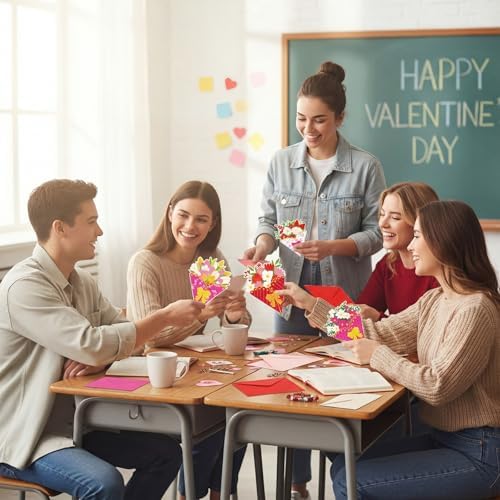 Funrous 24 Pack Valentine's Day Flower Cards with Envelopes Stickers