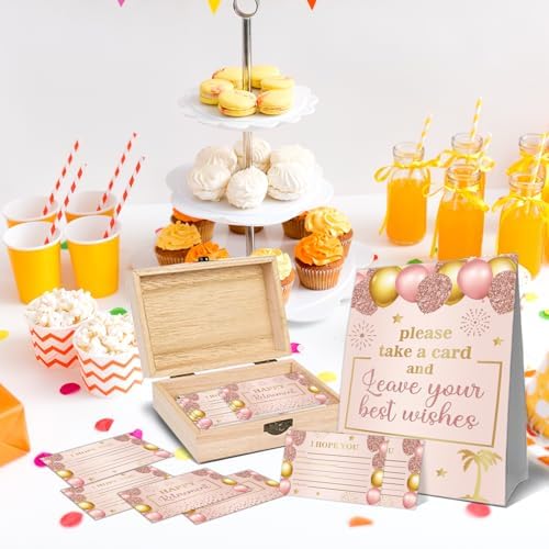 Pink Gold Retirement Card, Happy Wishes Card Box, Happy Retirement Present, 50 Double Sided Hope Cards with Wooden Boxes, Pink Gold Memory Box & Wishes Cards, Retiree Decorations for Men Women