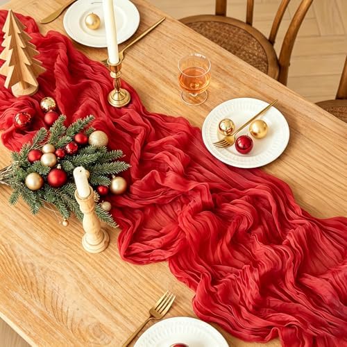 3Pcs Red Table Runner, 10FT Rustic Gauze Red Table Runner 35*120inch Boho Table Runners for Wedding Bridal Shower Birthday Baby Shower Table Centerpiece Decorations