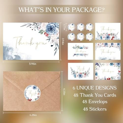 48 Pack Pre-Folded Floral Thank You Cards with Envelopes, 6 Designs