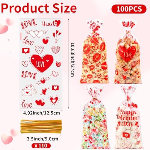 100PCS Valentines Goodie Bags - 5 x 11 Plastic Valentines Cellophane Treat Bags with Twist Ties, Red Heart & Love Design Valentine Candy Bags for Kids Classroom Exchange, Party Favors, Gifts, Cookies