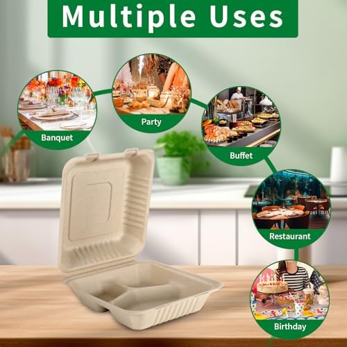 Aricsen Disposable 50 Pack 3 Compartment 8x9 Inch Take Out Food Containers