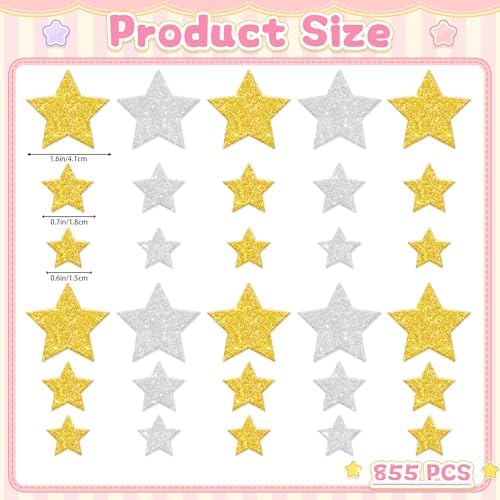 855Pcs Foam Stickers Glitter 3D Star Foam Shapes Stickers Self Adhesive Gold and Silver Star Foam Stickers for DIY Crafts Scrapbooking Classroom Arts Project Home Theme Party Decor(Gold Silver Star)