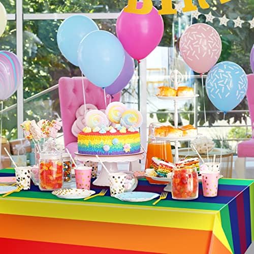 Breling Bulk Rainbow Tablecloth Carnival Pride Disposable Plastic Tablecloth Rectangle Rainbow Tablecover Birthday Party Supplies for Carnival Pride Party(6 Pack,108 x 54 Inch)