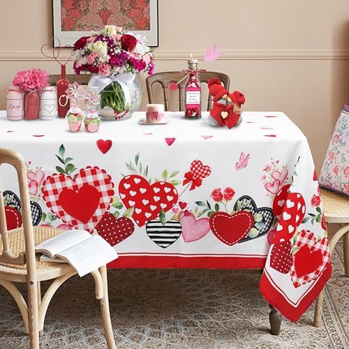 Valentine's Day Tablecloth Decoration Tablecloths, Pink Rose Rosette Butterfly Table Covers, Waterproof Table Cover for Dinner Kitchen Party Holiday Decor 60"x 84" Oblong/Rectangle