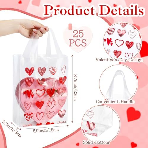 Pajean 25 Pcs Red Heart Plastic Gift Bags with Handles, 5.9 x 8.7 x 3.1 Inch Heart Design PE Treat Bags, Red and Pink Candy Goodie Pouches for Classroom Exchange, Party Favor, Wedding Supplies