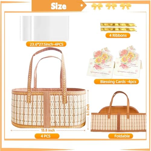 4Pcs Gifts Baskets Empty to Fill for Christmas Mother's Day Birthday Party Baby Baptisms Thanksgiving New Year, Foldable Bamboo Woven Bulk Gift Basket Set with Handle, Cute Large Baskets Gift Kit