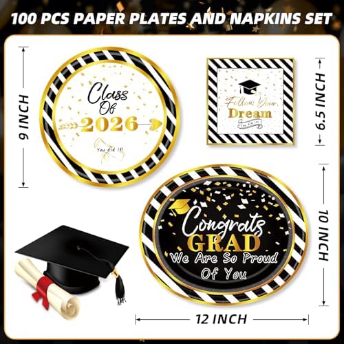 100PCS Graduation Paper Plates and Napkins Set- (25 Guests)